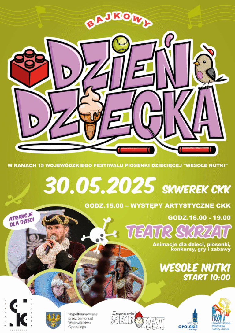 🎉 Bajkowy Dzień Dziecka już dziś w Kluczborku! 🌟 30 maja 2025 – Skwerek CKK pełen atrakcji dla najmłodszych Dziś w Kluczborku rusza wyjątkowe wydarzenie z okazji Dnia Dziecka! W Skwerku Centrum Kultury szykuje się bajkowa zabawa pełna muzyki, śmiechu i radości. Wszystko w ramach 15. Wojewódzkiego Festiwalu Piosenki Dziecięcej „Wesołe Nutki”.