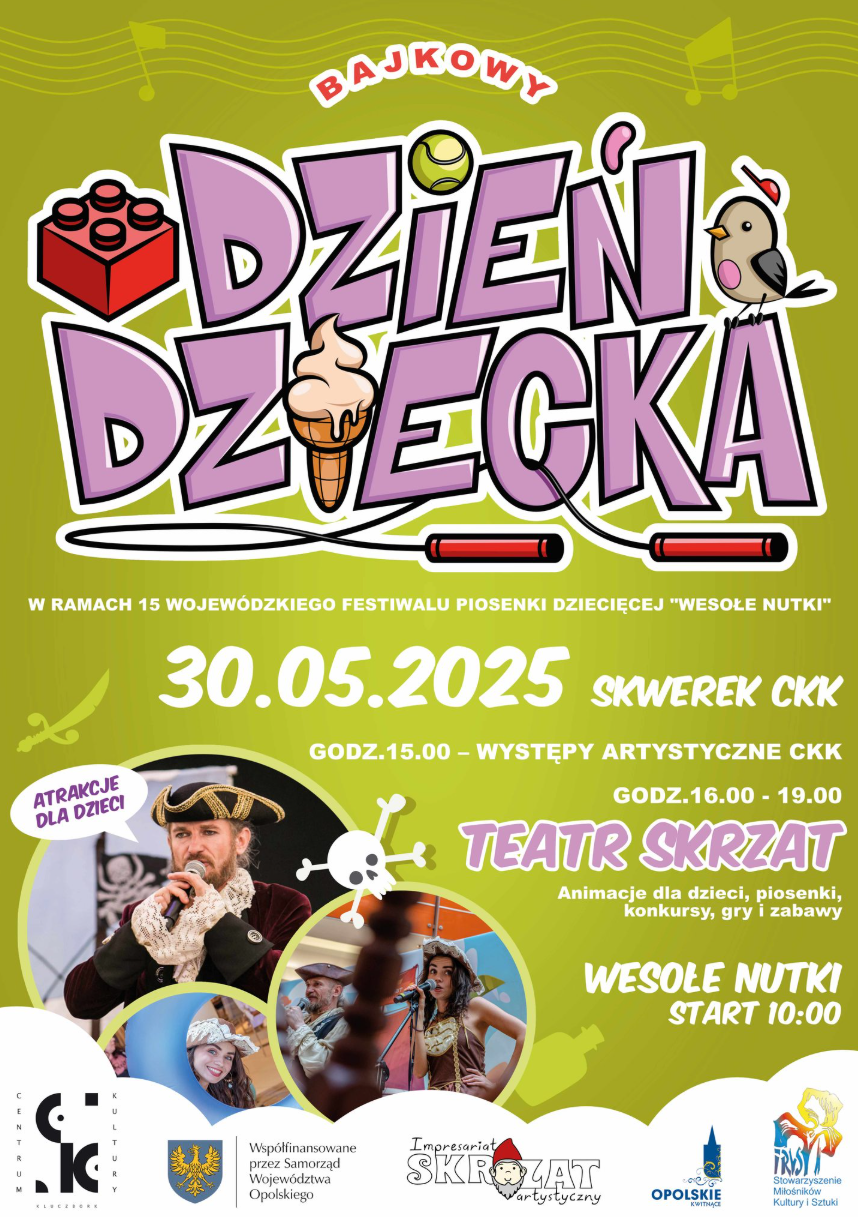 🎉 Bajkowy Dzień Dziecka już dziś w Kluczborku! 🌟 30 maja 2025 – Skwerek CKK pełen atrakcji dla najmłodszych Dziś w Kluczborku rusza wyjątkowe wydarzenie z okazji Dnia Dziecka! W Skwerku Centrum Kultury szykuje się bajkowa zabawa pełna muzyki, śmiechu i radości. Wszystko w ramach 15. Wojewódzkiego Festiwalu Piosenki Dziecięcej „Wesołe Nutki”.